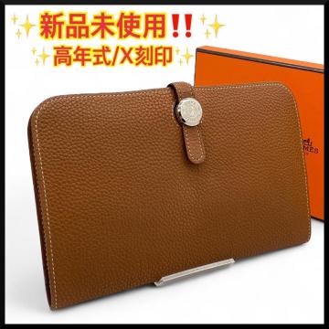 ★【未使用】エルメス HERMES トゴ ゴールド ドゴンGM 二つ折り財布 シルバー金具 レディース X刻印★