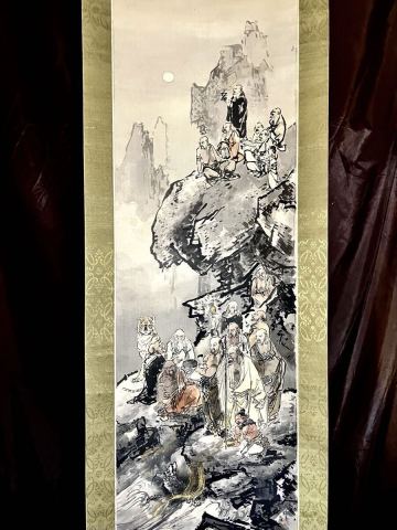 【真作】【仙】真野暁亭「十六羅漢図」絹本 真筆肉筆 合箱 金泥 仏画 仏教美術 鳥獣 鬼 龍神 猛虎 女官 絵画 掛軸 師: 河鍋暁斎 久保田米僊