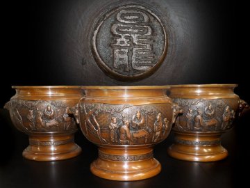 【江】時代 呂龍 銅製人物彫獣双耳火鉢 3鉢セット 27×32×24㎝ 重量約4.9㎏ 在銘 古美術品(茶道具古民具古道具)AX988 CTDBgbai