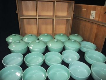 【睦】青磁 蓋茶碗 9客 向付 器 大3客 小8客 懐石 料理 共箱■