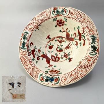 人気作家「黒岩卓実」作　赤絵鳥文大鉢 直径31㎝ 在銘　 検) 赤絵陶器の第一人者 懐石 和食器 骨董 古美術 美濃 多治見 大皿 呉須赤絵