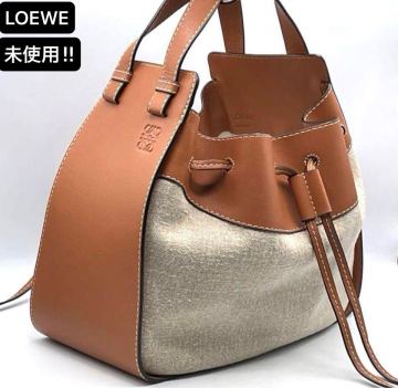 1円〜 LOEWE 未使用 ハンモック アナグラム ドローストリング ミディアム バッグ キャンバス×レザー ブラウン made in Spain