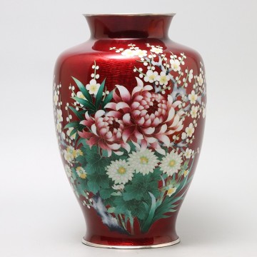 PM405. 金工美術 菊梅文 七宝花瓶 重量3.8kg / 銅花瓶彫金花器壷