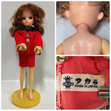 希少 初代 TAKARA. リカちゃん ヘソ有 ドット有 人形 着せ替え人形 両手両足連動 約210mm 赤い服 靴 スタンド付き