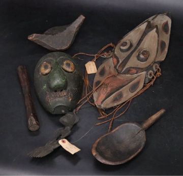 時代　アフリカ　インドネシア　李朝　等　木彫　面　・　道具　ひさご　・　棍棒　/　民藝　天然木　セピック　精霊　祭器　呪具　.B476