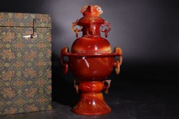 時代　砡　赤瑪瑙　遊環　香炉　箱付　/　中国美術　石工芸　瑪瑙　メノウ　彫刻　香道具　煎茶道具　.G2211