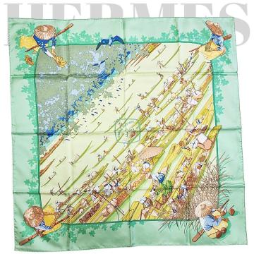 1円 エルメス カレ90《Marche Flottant du Lac Inle（インレ湖の水上マーケット）》大判スカーフ 舟 市場 川 極美品 シルク タグ付き
