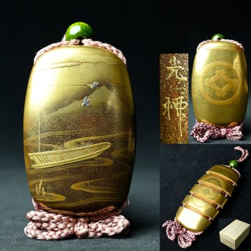 【昊】江戸期 蒔絵師 光柳斎作 超絶技巧 山水鳥図金蒔絵印籠 大名家伝来 丸に井桁紋 内梨地 時代名品 名家収蔵品[MG56rTs]