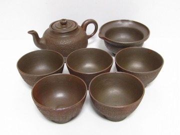 煎茶道具 備前焼 備前窯元 黄薇堂製 煎茶器揃 後手急須 茶注 湯冷 煎茶碗五客 hi02-1026[TOM]