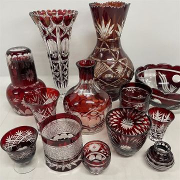 SI■ 切子 グラス 花瓶 13点 まとめ売り ロックグラス タンブラー ぐい呑 酒器 冠水瓶 水差し 赤被せ 切子硝子 伝統工芸 レトロ 
