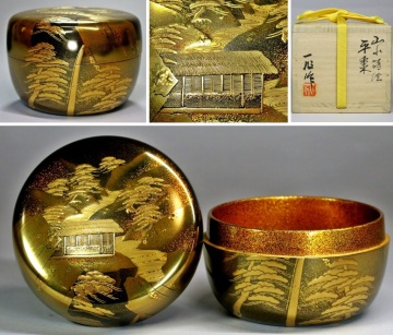 ◇美術館級作 一后一兆 輪島塗巨匠 山水蒔絵平棗 内梨地 螺鈿 超細密蒔絵 共箱