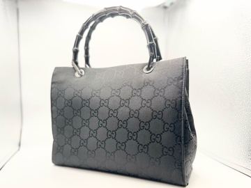 【未使用級】 GUCCI グッチ バンブー トートバッグ ハンドバッグ GG柄 ナイロン ブラック系 レディース メンズ