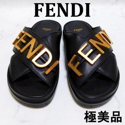 【1円スタート・極美品】FENDI ゴールドロゴ クロスストラップ サンダル レディス ブラック レザー FENDIコールドロゴ 38/25.0cｍ