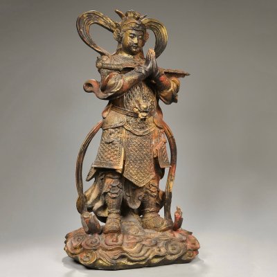 【安】清時代 銅彫 泥金 韋護法神菩薩像 極細工 寺寶 廃寺買取 仏教古美術 267