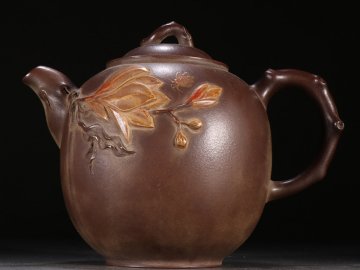 【安】急須 蒋蓉底款 彩絵玉蘭花紋茶壺 宜興紫砂 常滑 朱泥急須 煎茶道具 茶壷 古美味 古董品 時代物 267