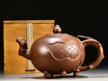 【安】清時代 在銘 石榴形茶壺 共箱 宜興紫砂 常滑 朱泥急須 煎茶道具 茶壷 古美味 古董品 時代物 270