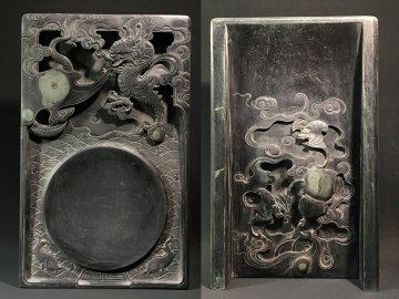 【安】清時代 階平（蒋仁）銘 端石彫 神龍吐珠紋硯 抄手硯 端渓硯 書道具 文房具 極細工 中国古美術 古美味 時代物 古董品 305
