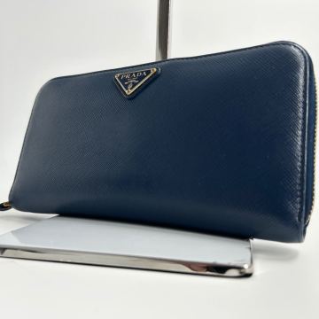 ほぼ未使用・現行モデル PRADA プラダ 長財布 ラウンドファスナー 三角ロゴ サフィアーノ レザー 本革 紺 ネイビー メンズ ビジネス 多収納
