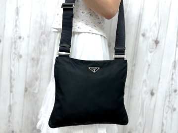 極美品 PRADA プラダ テスート ショルダーバッグ バッグ ナイロン×サフィアーノレザー 黒 メンズ 87958