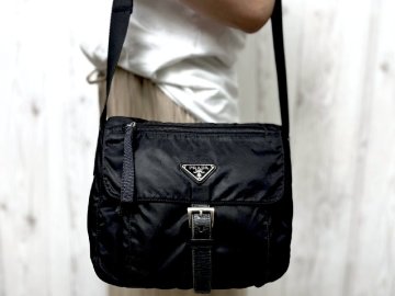 極美品 PRADA プラダ テスート ショルダーバッグ バッグ ナイロン×レザー 黒 メンズ 87960