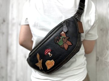 極美品 COACH コーチ シグネチャー ボディバッグ ウエストポーチ バッグ レザー×PVC 黒×茶 メンズ 88186Y