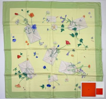 AZ-958 エルメス HERMES カレ90 Des fleurs pour le dire 花の手紙 スカーフ シルク100％ 箱 冊子付 緑 グリーン 小物 大判 花柄