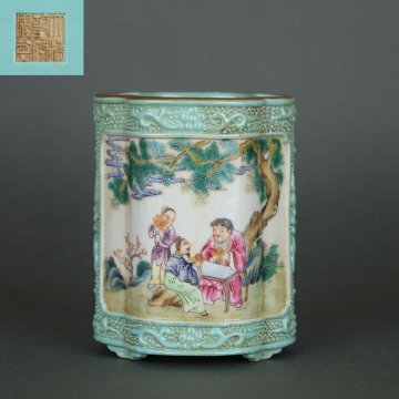 ◆羽彰・古美術◆Y6121清乾隆 松石緑釉堆彫花卉開光粉彩山水人物図筆立・古陶磁器 ・珍品旧蔵・古賞物・時代物