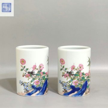◆羽彰・古美術◆Y8127清時代 雍正年製 粉彩虫草花卉題詩筆立一対・古陶磁器 ・珍品旧蔵・古賞物・時代物