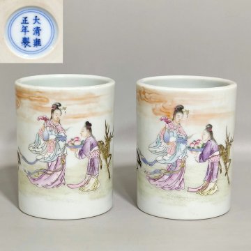 ◆羽彰・古美術◆Y8137清時代 雍正年製 粉彩麻菇献寿題詩筆立一対・古陶磁器 ・珍品旧蔵・古賞物・時代物