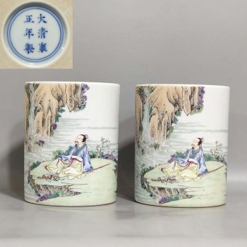 ◆羽彰・古美術◆Y8140清時代 雍正年製 粉彩人物故事筆立一対・古陶磁器 ・珍品旧蔵・古賞物・時代物