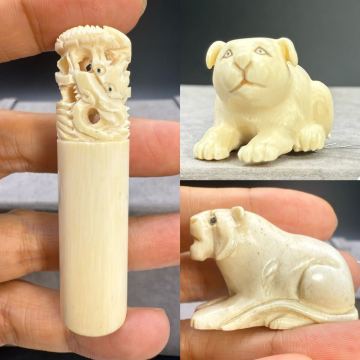自然材料　置物3点　熊　獅子　龍　唐物 獅子 吉 置物 印鑑 印材 書道具 東洋彫刻 中国古玩 寿山石