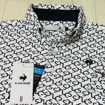 新品★ルコック ゴルフ le coq sportif GOLF モノグラムデザイン 吸汗速乾 半袖ボタンダウンシャツ★ホワイト★サイズM★送料185円