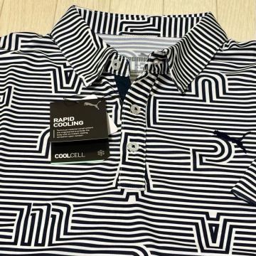 新品◆プーマ ゴルフ PUMA GOLF 幾何学ストライプ 吸水速乾 ストレッチ 半袖ポロシャツ/ネイビー/サイズL/送料185円