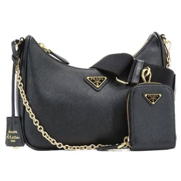 1円 プラダ ◆美品◆ PRADA Re-Edition 2005 2way チェーン ショルダーバッグ サフィアーノ レザー ブラック 三角ロゴ 1BH204 ポーチ付き