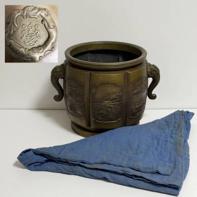 時代物 竜文堂作 真鍮製 火鉢 約6.8kg 古民具 蔵出し 骨董 アンティーク 金属工芸 風景画 山水画 FT884