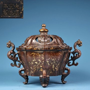 ◆羽彰・古美術◆Y517清時代 純銅紫銅高浮彫鏨刻点金薫香炉 細密細工★古置物★古賞物★古擺件★蒐集家放出★唐物