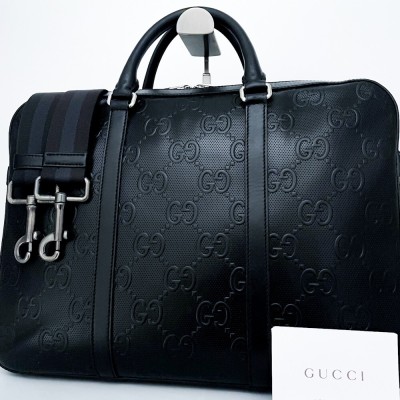 1円■超美品■幻の逸品■最上位モデル■現行近■GUCCI グッチ 2way GGエンボス トートバッグ ビジネス 大容量 A4 メンズ レザー ブラック