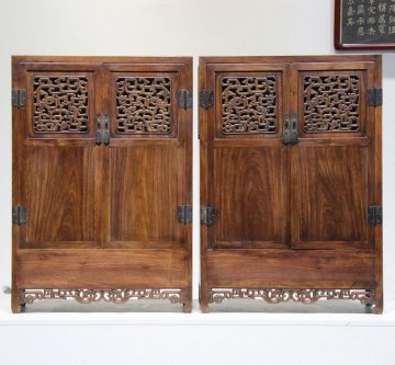 ■観心・時代旧蔵■K1020清時代 黄花梨四平書櫃一対 黄花梨木細密彫 超絶技巧 高手すり 旧蔵家具 珍品旧蔵 古家具