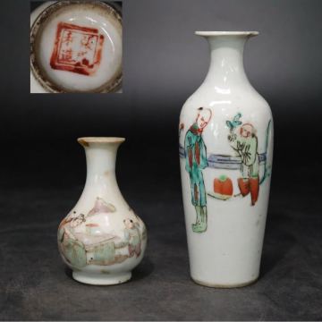 時代　張威和造　色絵　人物　・　無銘　長形　人物図　　小壺　大小2点　/　中国美術　茶器　煎茶道具　清　新渡　鼻煙壺　.B1001