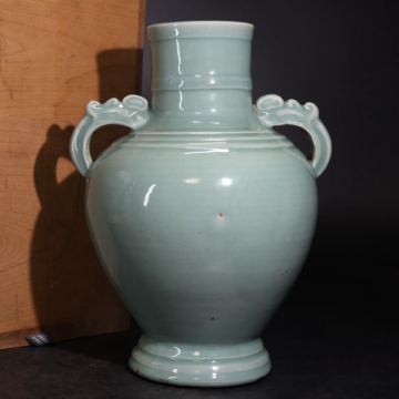 時代　青磁　双耳　花瓶　木箱付　/　中国美術　花器　壺　煎茶飾　検索：　龍泉窯　天龍寺　汝窯　.G2885