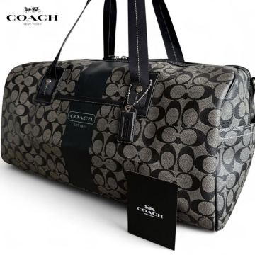 極美品●COACH コーチ メンズ 大型ボストンバッグ ビジネス ヘリテージ シグネチャー 丈夫なPVC レザー 本革 大容量 出張 旅行 グレー 黒