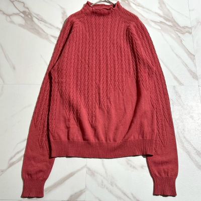 カシミヤ100%◆HERMES エルメス モックネックセーター ニット トップス ケーブル編み 長袖 カシミア レッド系 赤系 M相当 レディース 名作