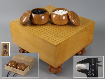 囲碁道具 本榧 碁盤 6寸 足付盤 碁石 日向産 蛤 那智黒 43号 セット 在銘 碁笥 細密細工 古美術品[d1079]