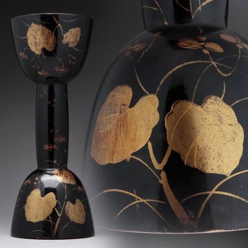 FD152 時代 小鼓道具 黒漆塗 露草蒔絵鼓胴 全長25.3cm 重365g ・花蒔絵鼓芯・蒔絵小鼓胴 古美術