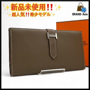 ★【未使用】エルメス HERMES シェーブル ベアン デュプリ 三つ折り長財布 エトゥープ □K刻印 メンズ レディース★