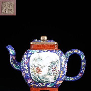 ◆羽彰・古美術◆Y4674時代朱泥 琺瑯彩面開光山水四方紫砂壺 在銘 乾隆御製/紫砂 煎茶道具 朱泥 茶壺