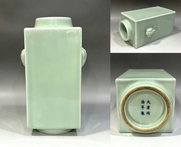 ◆羽彰・古美術◆Y5860清同治 粉青釉象耳琮式瓶・古陶磁器 ・珍品旧蔵・古賞物・時代物