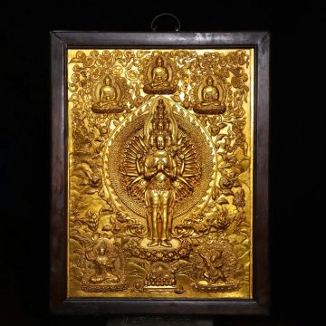 ■観心・時代旧蔵■R665清時代 銅塗金 千手観音タンカ 細工彫刻★仏教古美術★仏像★細密細工★廃寺旧蔵★廃寺買出品