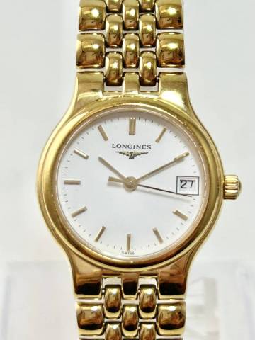 ML740【RUP】★1円～★ 稼働品 LONGINES ロンジン グランドクラシック L5.131.2 QZ デイト ホワイト文字盤 ゴールド レディース腕時計