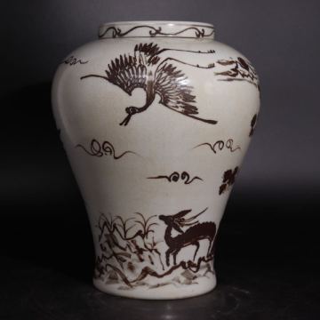 時代　李朝　鉄絵　鶴　・　鹿文　壺　/　朝鮮古美術　梅瓶　花瓶　花器　飾壺　釉裏紅　煎茶飾　.G2996　
